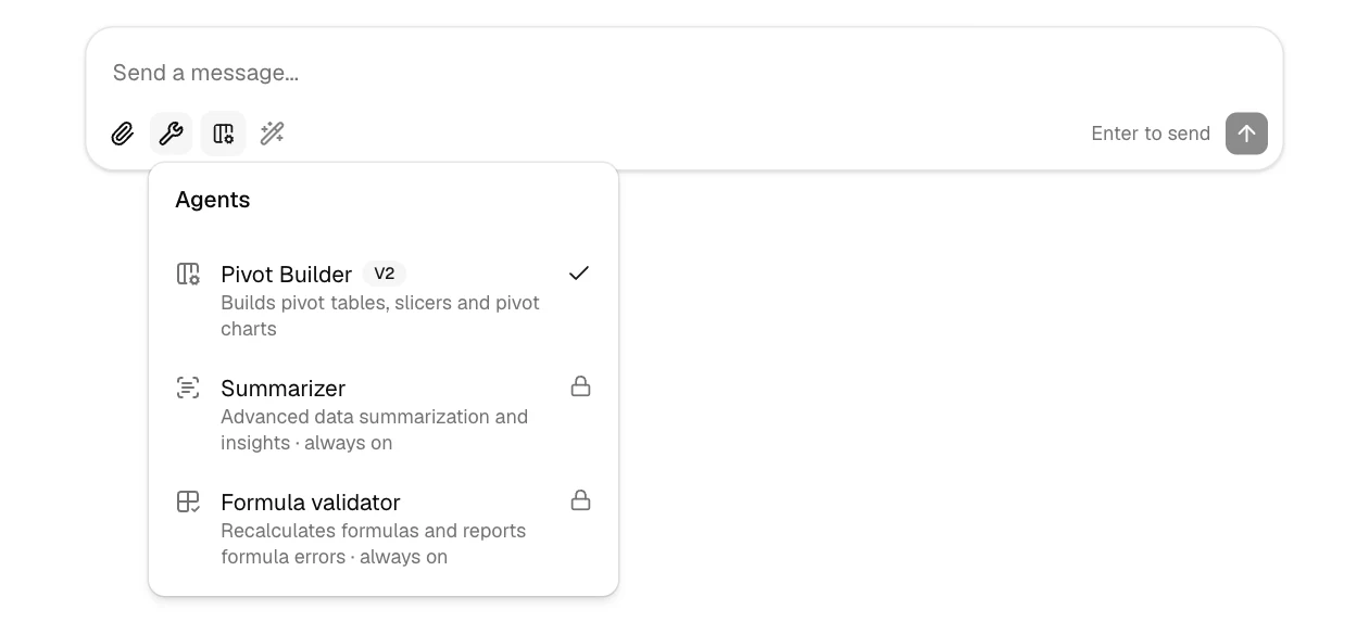 The GPTExcel Agents menu listing Pivot Builder, Summarizer and Formula validator