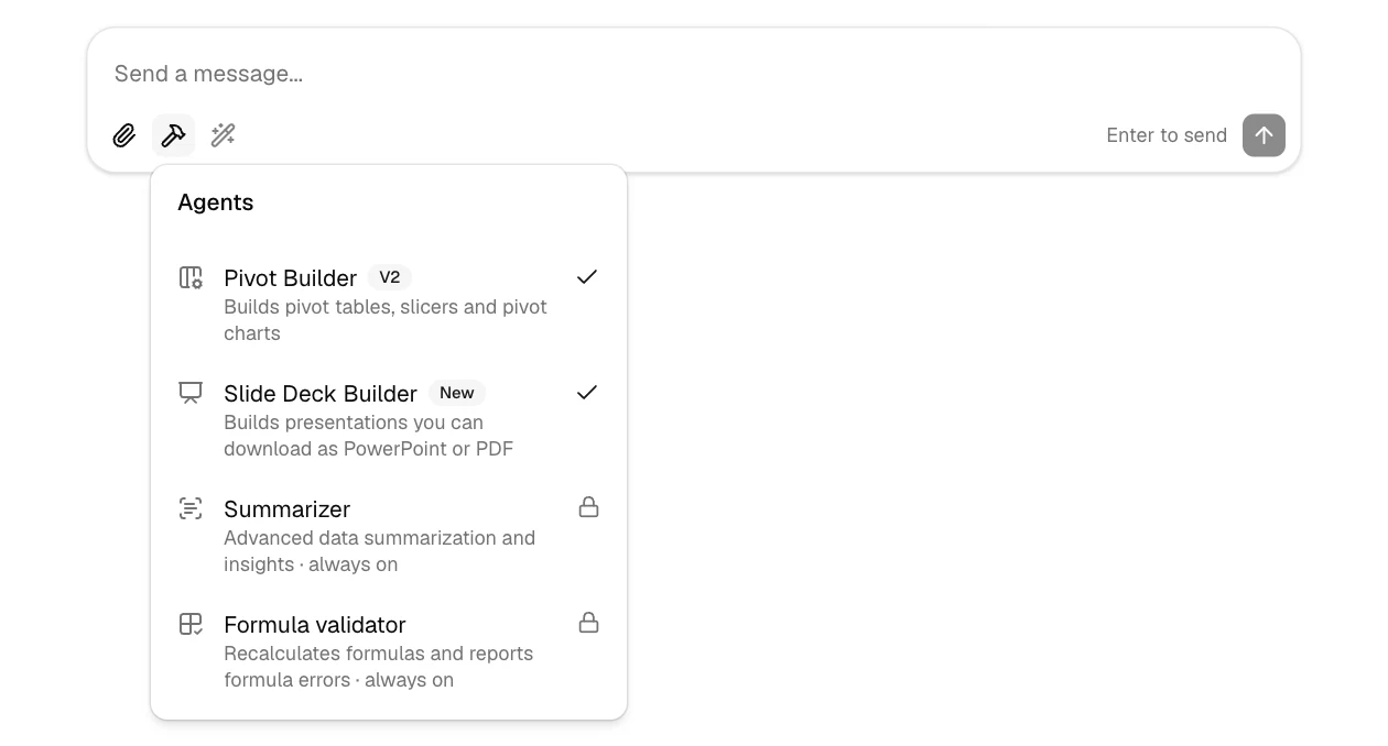 The GPTExcel Agents menu listing Pivot Builder, Slide Deck Builder, Summarizer and Formula validator
