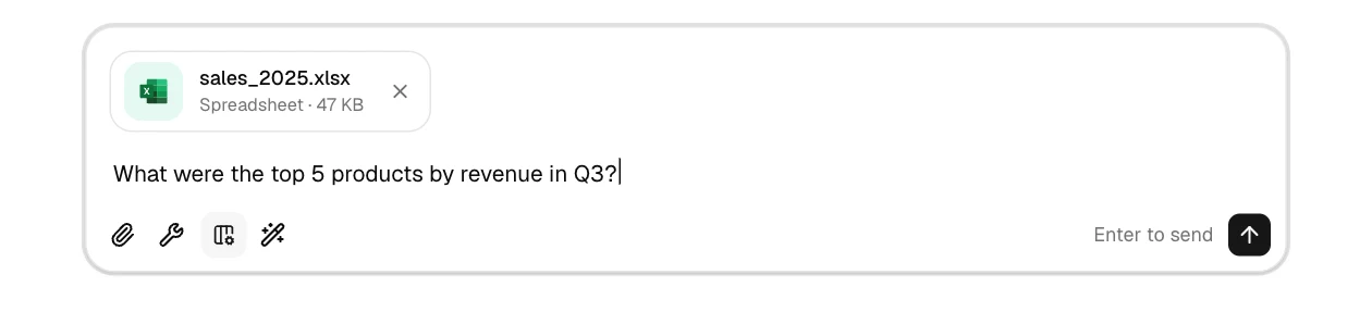 The GPTExcel message box with sales_2025.xlsx attached and a question about the top 5 products by revenue
