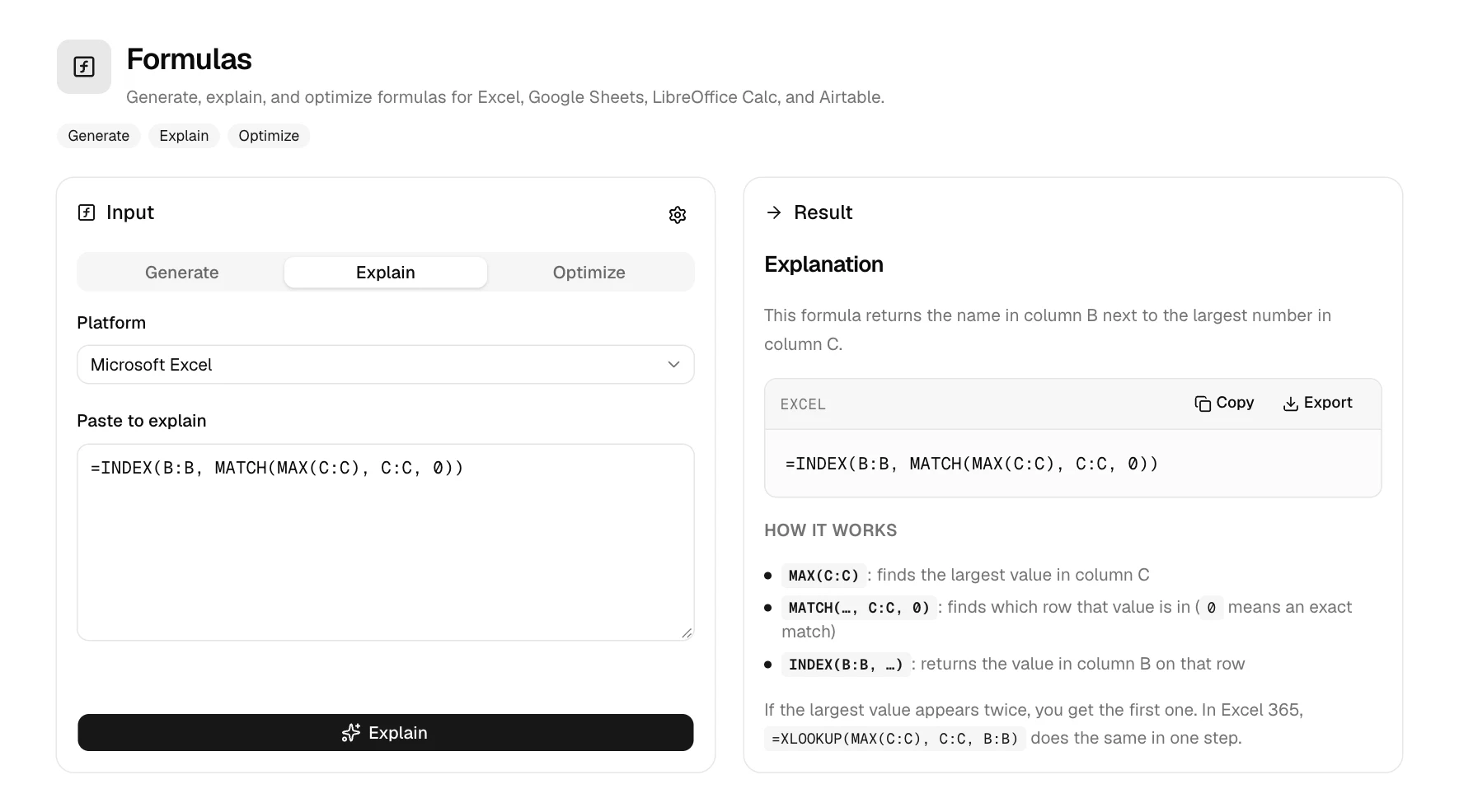 The GPTExcel Formulas tool explaining an INDEX and MATCH formula step by step