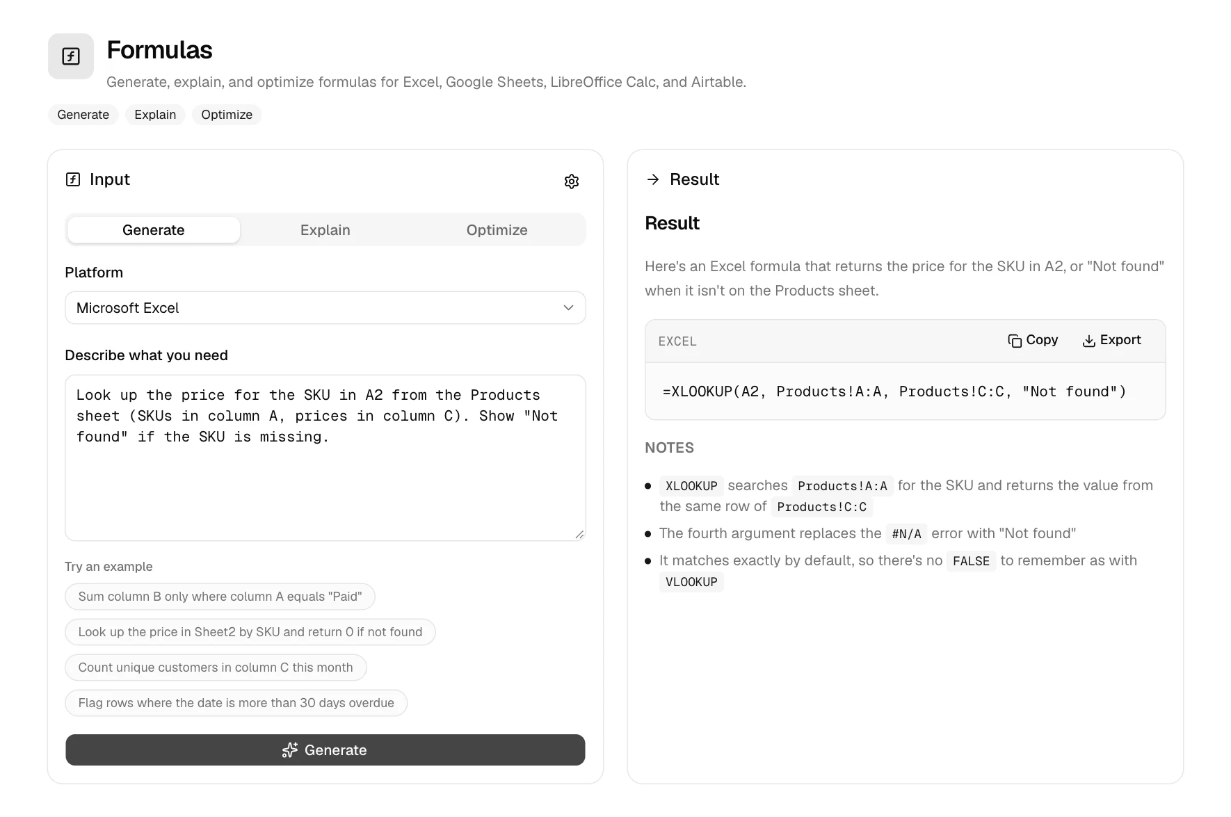 The GPTExcel Formulas tool generating an XLOOKUP formula from a description of a price lookup
